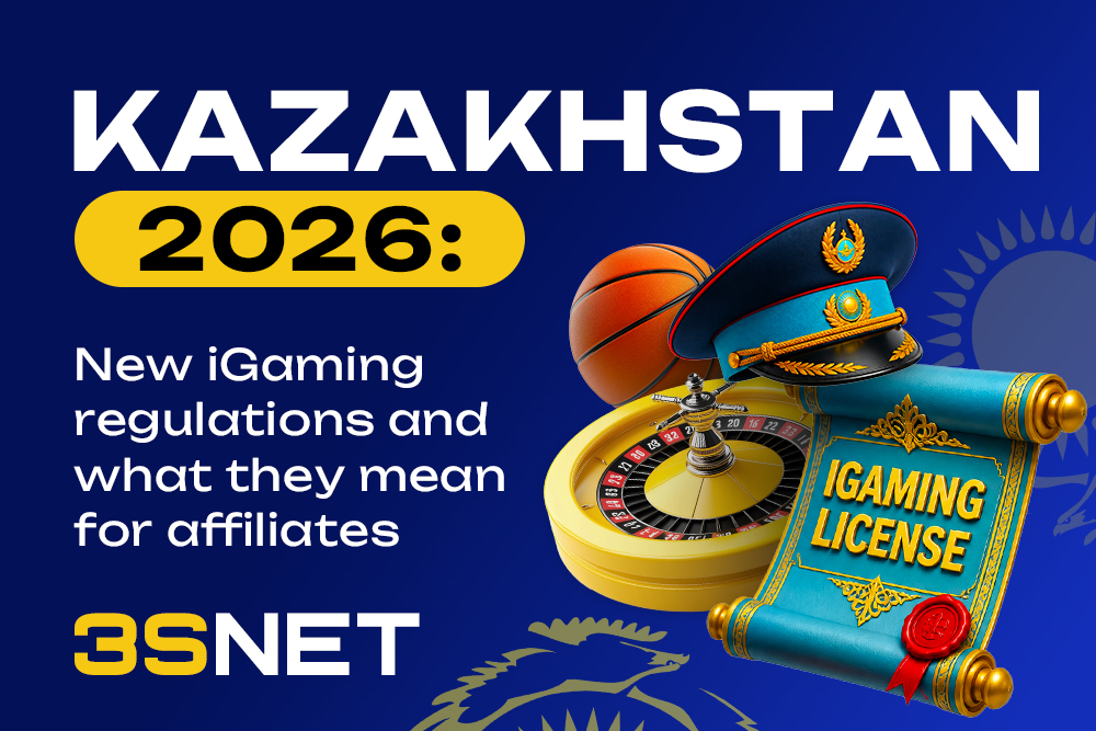 Map of Kazakhstan with betting icons and 2026 regulatory symbols